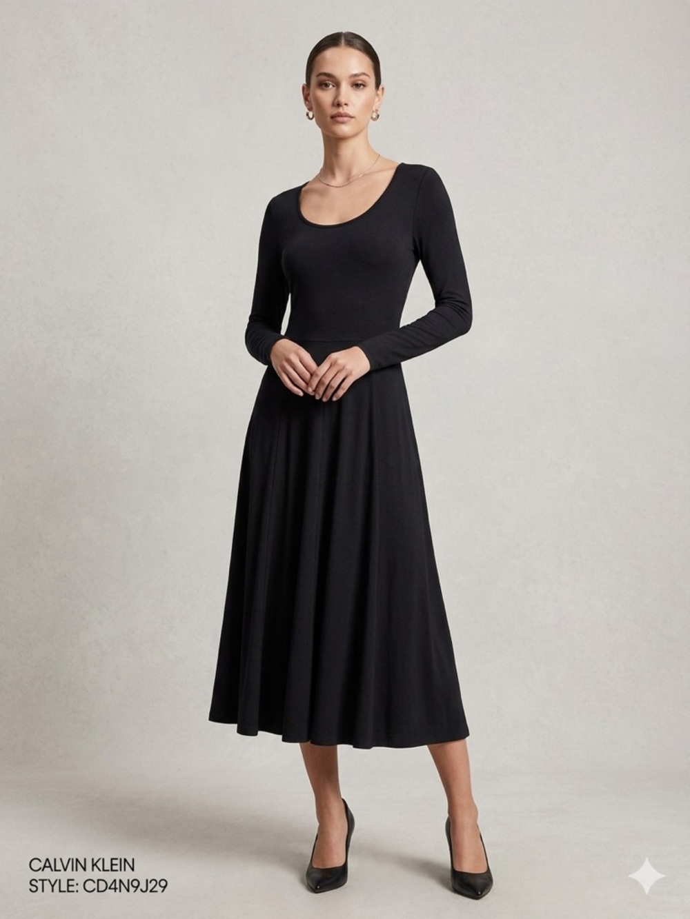Calvin Klein Minimalist Black Long-Sleeve Scoop Neck Midi Dress - Flared Skirt